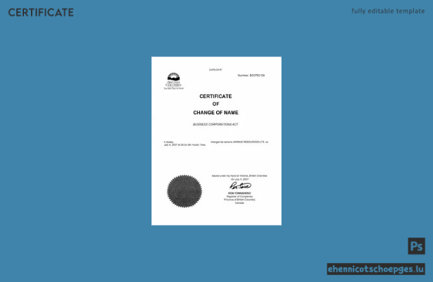 Beispiel für eine Namensänderungsurkunde des Handelsregisters von British Columbia, Kanada